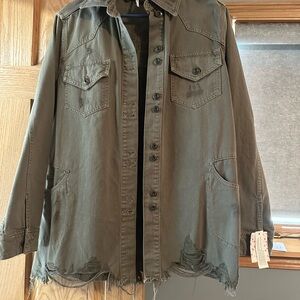 Free People Olive Green Frayed Hem Jacket